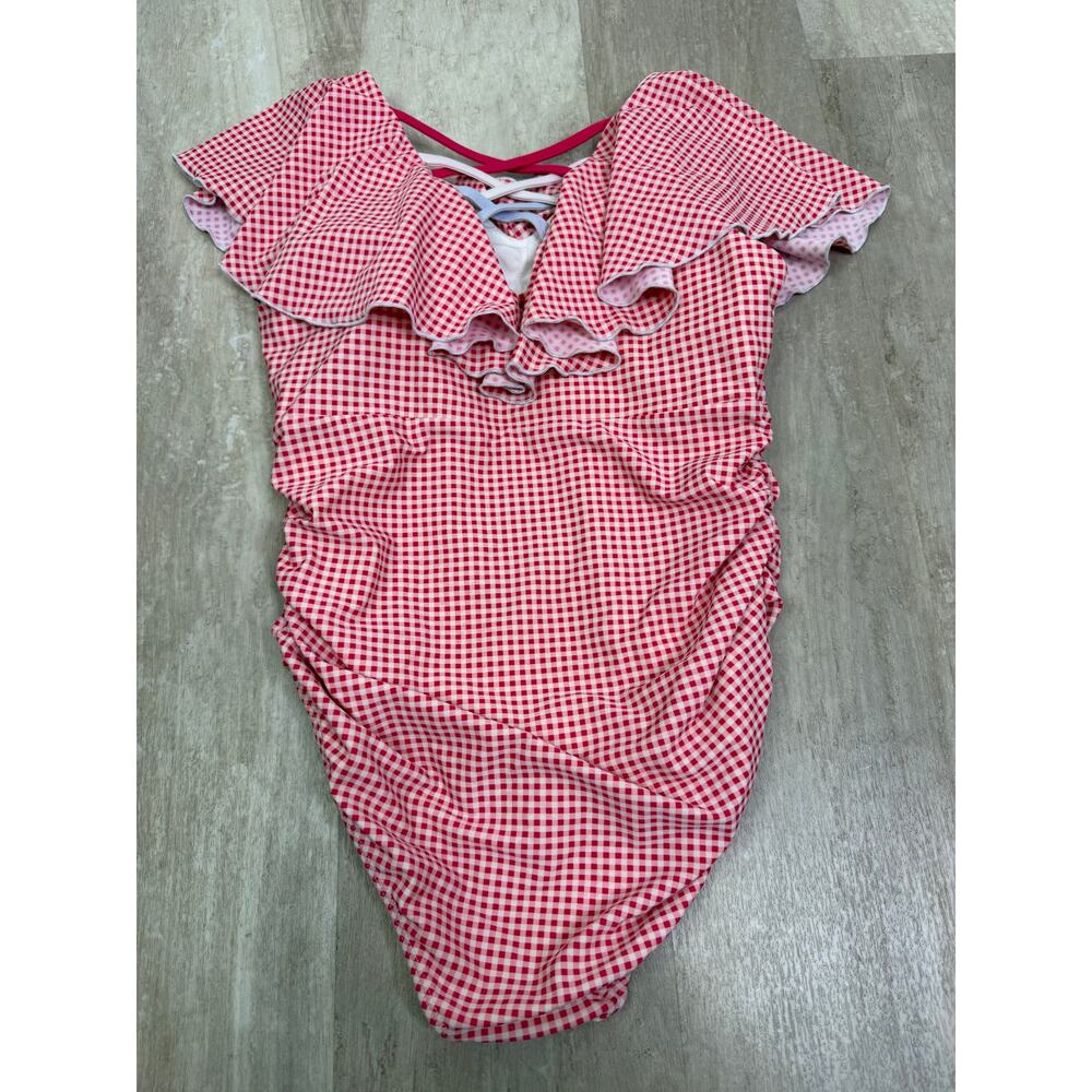 Love & Grow Red Gingham Plaid Ruffle One Piece Swimsuit Size Medium - Picture 6 of 6